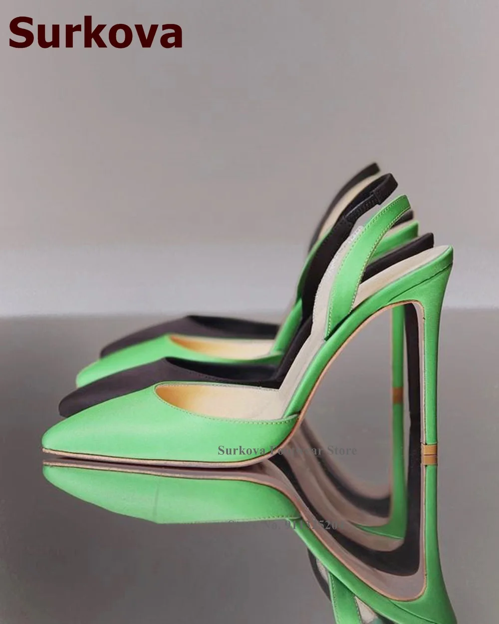 Surkova Green Black Satin Cloth High Heel Shoes Pointed Tow Shallow Cut Wedding Pumps Elegant Slingback Party Heels Size46