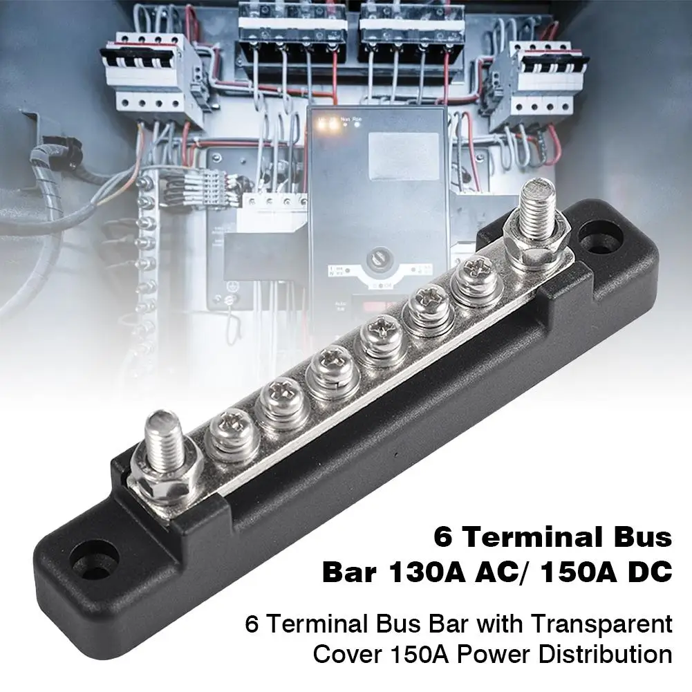 6 Terminal Bus Bar with Transparent Cover 150A Power Distribution for Car Boat Marine Caravan RV