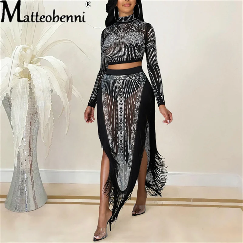 2021 Autumn Women 2 Piece Outfits Diamond Mesh Perspective Long Sleeve Split Skirt Two Piece Set Ladies Sexy Nightclub Dresses