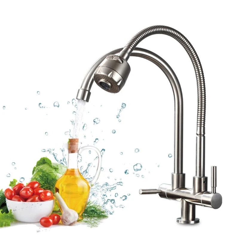 Stainless Steel Kitchen Faucet Single Cold Water Tap 360 Degree Rotation Sink Tap Dual Handle Universal Tube Double Pipe Outlet