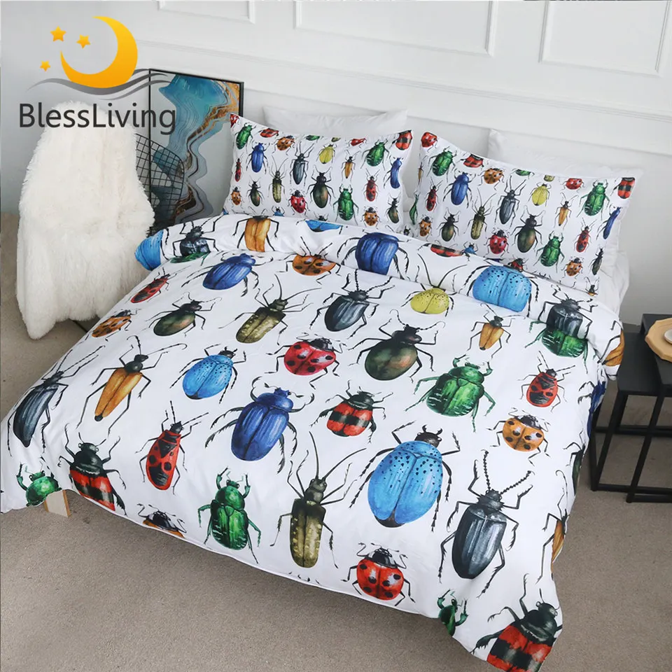 

BlessLiving Beetles Bedding Set Insect Duvet Cover Watercolor Print Comforter Cover Set 3pcs Colorful Hipster Vintage Bedclothes