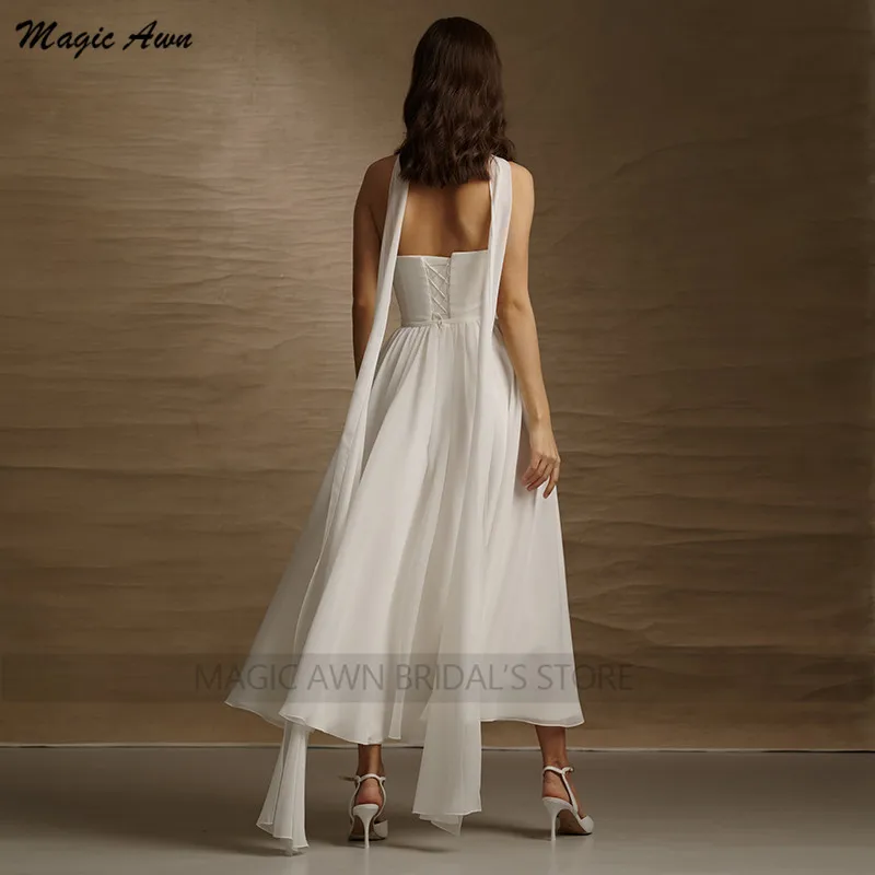 Magia awn simples chá-comprimento vestidos de casamento boho strapless chiffon curto vestidos de festa de casamento para noiva rendas-up voltar vestidos