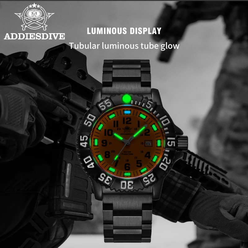 ADDIES Men Military Watches Top Brand Fahsion Orange Dial Sports Waterproof Stainless Quartz Watch Men's Watch Orologio da uomo