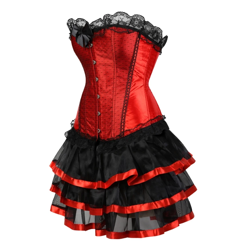 Women Victorian Corset Dress Sexy Lace Overbust Corset Burlesque Bustier With Mini Pleated Skirt Set Plus Size S-6XL