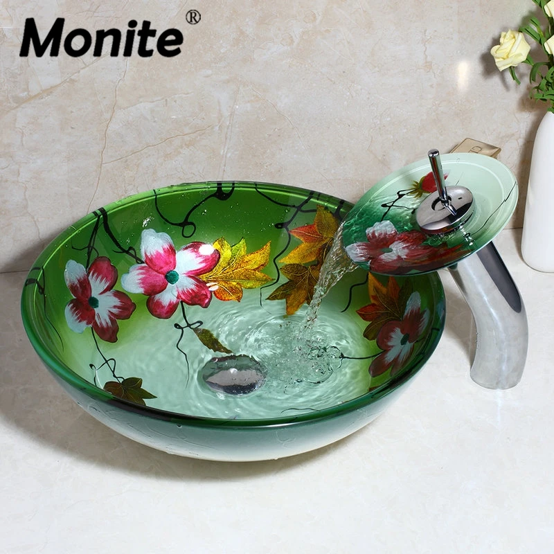 Monite Lotus Flower Waterfall Chrome Polish Art Hand Paint Bathroom Basin Round Washbasin Faucet Tempered Glass Vessel Sink Set