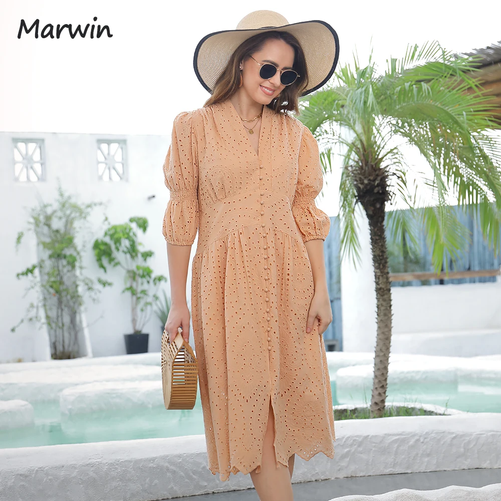 Marwin Long Simple Casual Solid Hollow Out Pure Cotton Holiday Style High Waist Fashion Mid-Calf Autumn Puff Dresses NEW Vestido