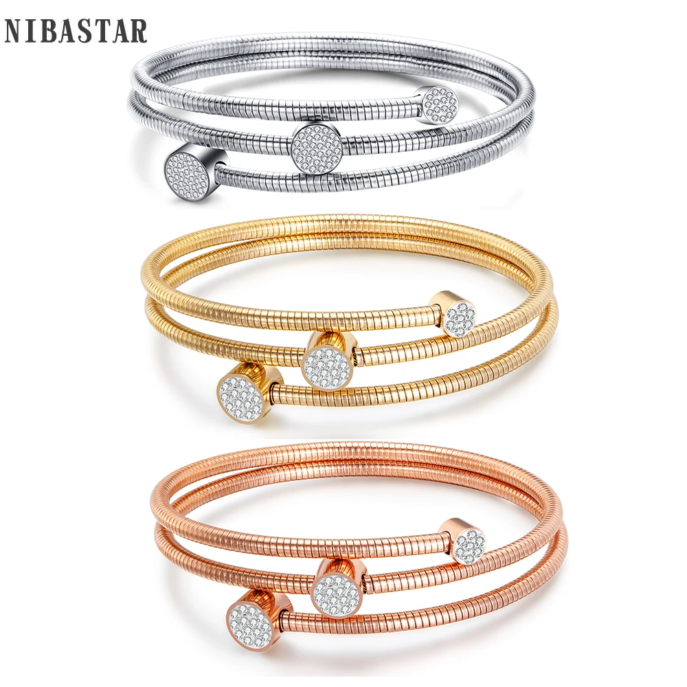 

New Trendy Bangle Silver Color Crystal Ball High Quality High Polishing Double Layer Bracelets Bangles For Women