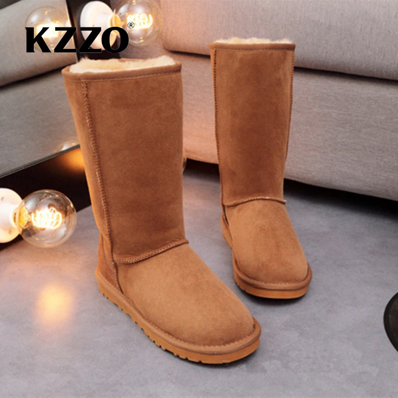 KZZO 100% Natural Wool Genuine Leather Knee-High Boots For Women Australia Classic Keep Warm Winter Outdoor Snow Boots Non-slip