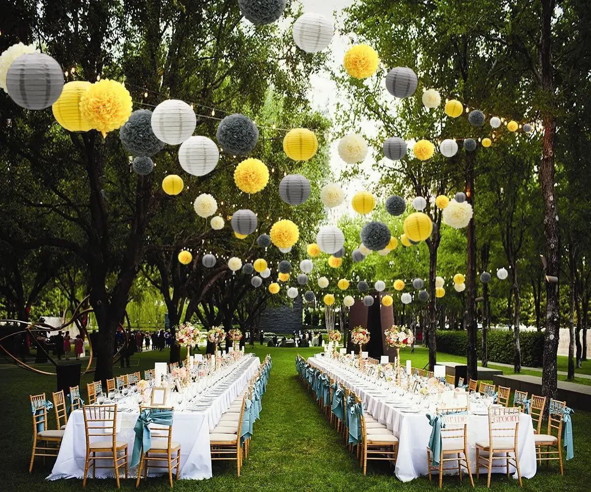 Ensemble de décorations de fête, lanternes en papier Ikand, pompons, jaune, gris, blanc, fleurs, baby shower, remise de diplôme, 15 pièces