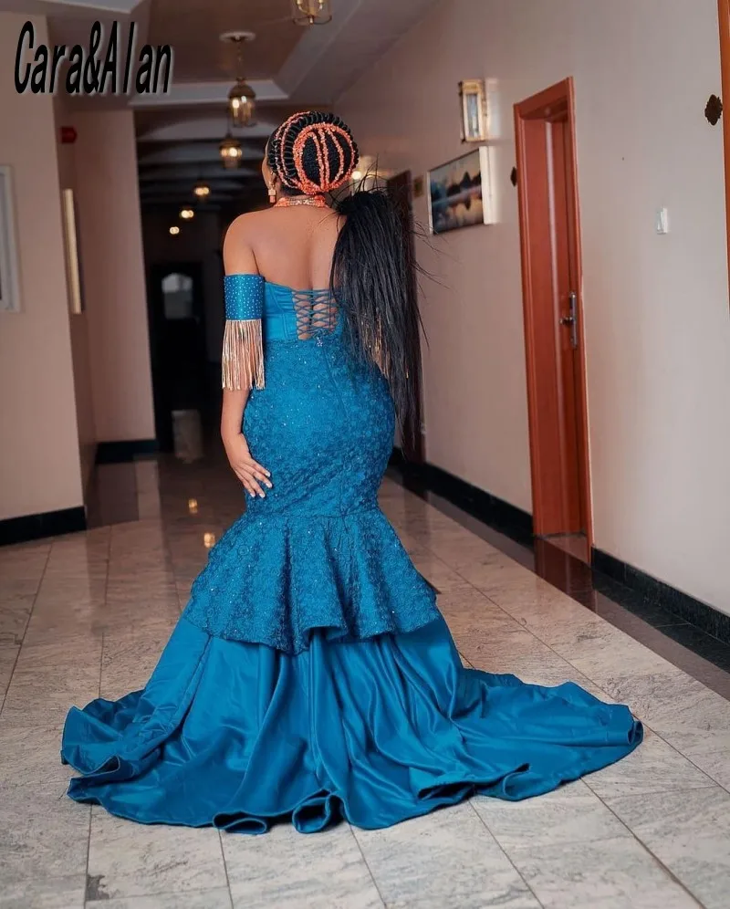 robe de soirée femme Mermaid Blue Prom Dresses Off the Shoulder Lace Beaded African Evening Gowns Weedings Reception Dress