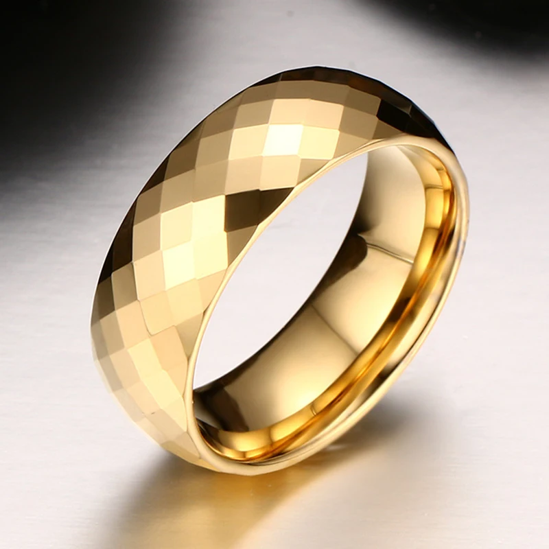 High Quality Fashion 8mm Tungsten Mens Ring Rhombus Cut Bands Gold Color Rings for Men Wedding Engagement Jewelry Accessories