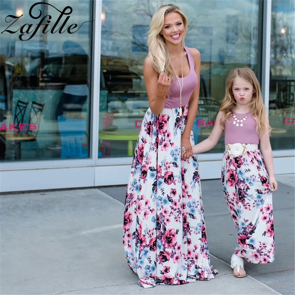 ZAFILLE Family Look Mother and Daughter Matching Dress Light Purple Patchwork Floral Mom Daughter Clothes Mommy and me Dresses