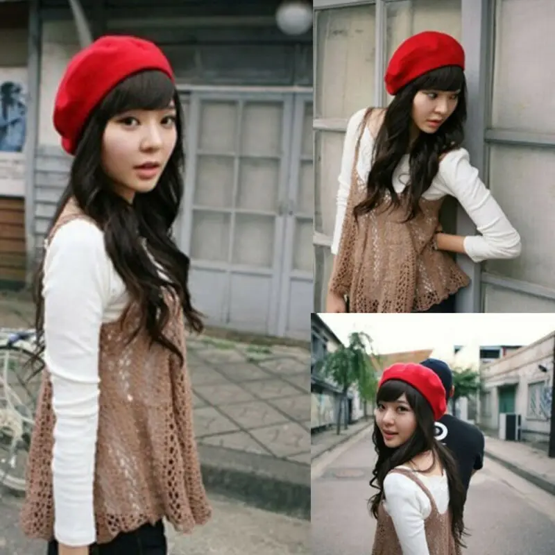 Hirigin Warm Beret Women Wool Winter Beanie Hat Solid Women\'s Girl\'s Beret Female French Black White Gray Pink Boinas De Mujer