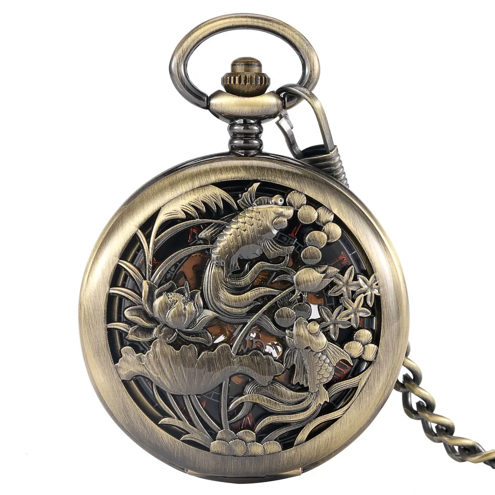 Hollow Out Fish Manual Mechanical Bronze Pocket Watch Women Rose Golden Romen Numerals Dial Men's Practical Clock Thick Pendant