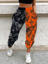 Women Casual Skull Print Patchwork Pants Spring Autumn Elastic Waist Pocket Loose Pencil Pants Female Streetwear Warm Sweatpants