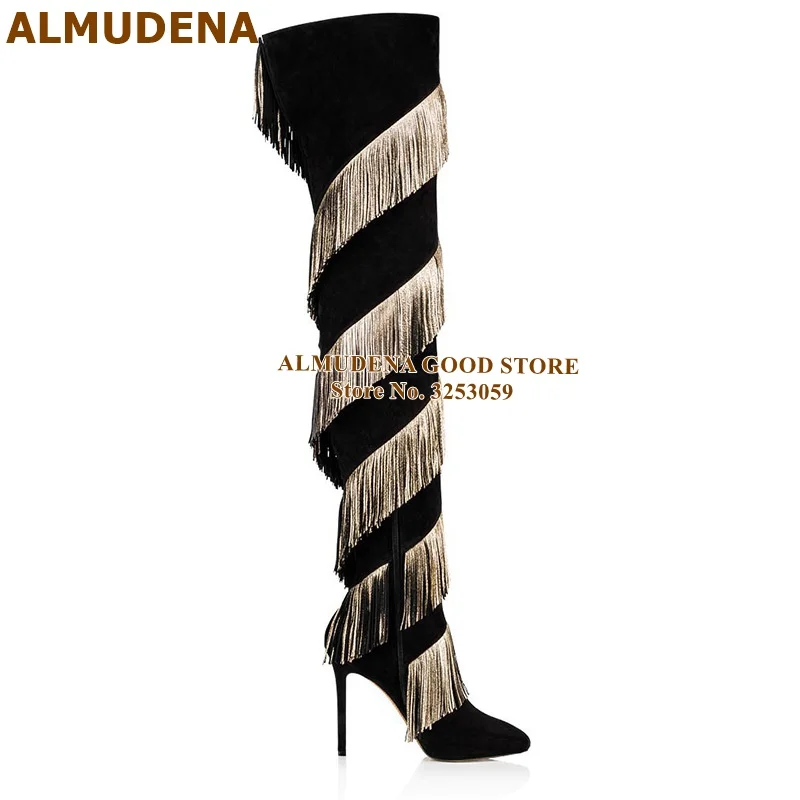 ALMUDENA Black Suede Gold Fringe Thigh High Boots Stiletto Heels Golden Tassel Over Knee Boots Plus Size46 Gladiator Dress Boots