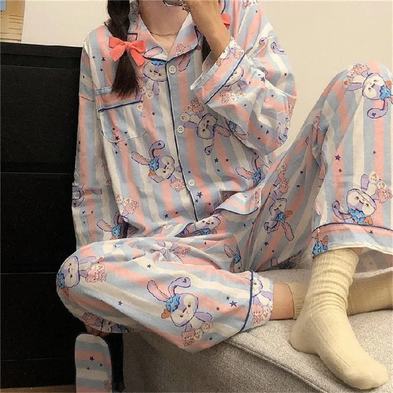 Disney cartoon star dew print pajamas Women spring and autumn lapel home service cardigan Girl long sleeve pajamas 2pcs suit