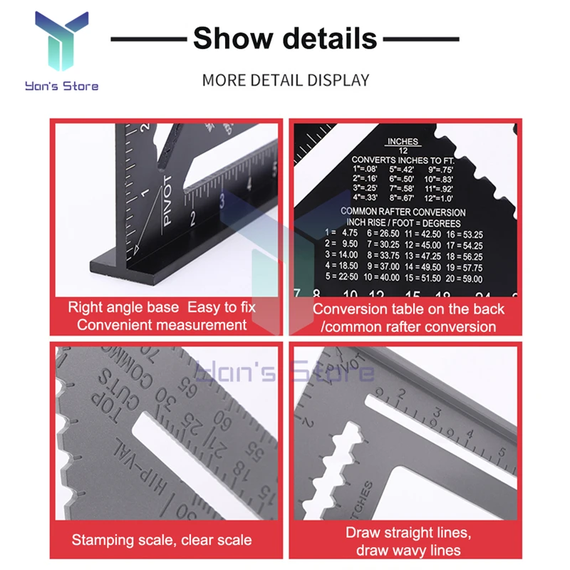 7 Inch Metric/Imperial Triangle Ruler 90 Degree Thickened Square Aluminum Alloy Woodworking Square Measuring Square Tools