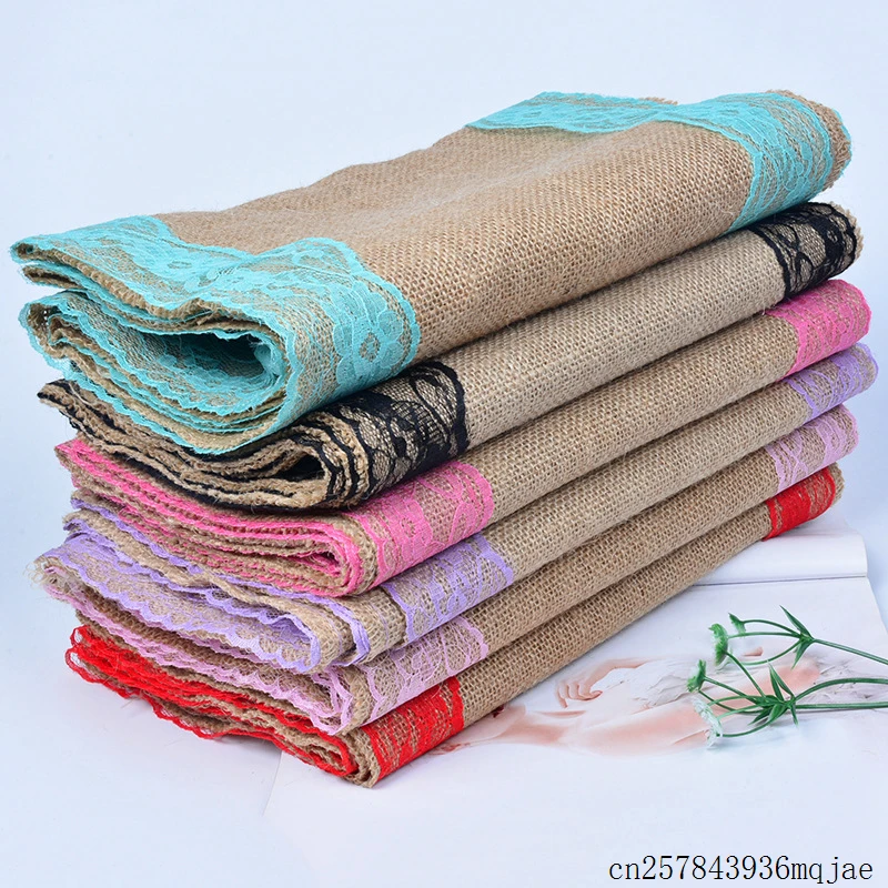 20 Pcs Burlap Jute Table Runner lace Vintage Wedding Champagne Table Runners for  Christmas Party Wedding Decoration 30x275cm