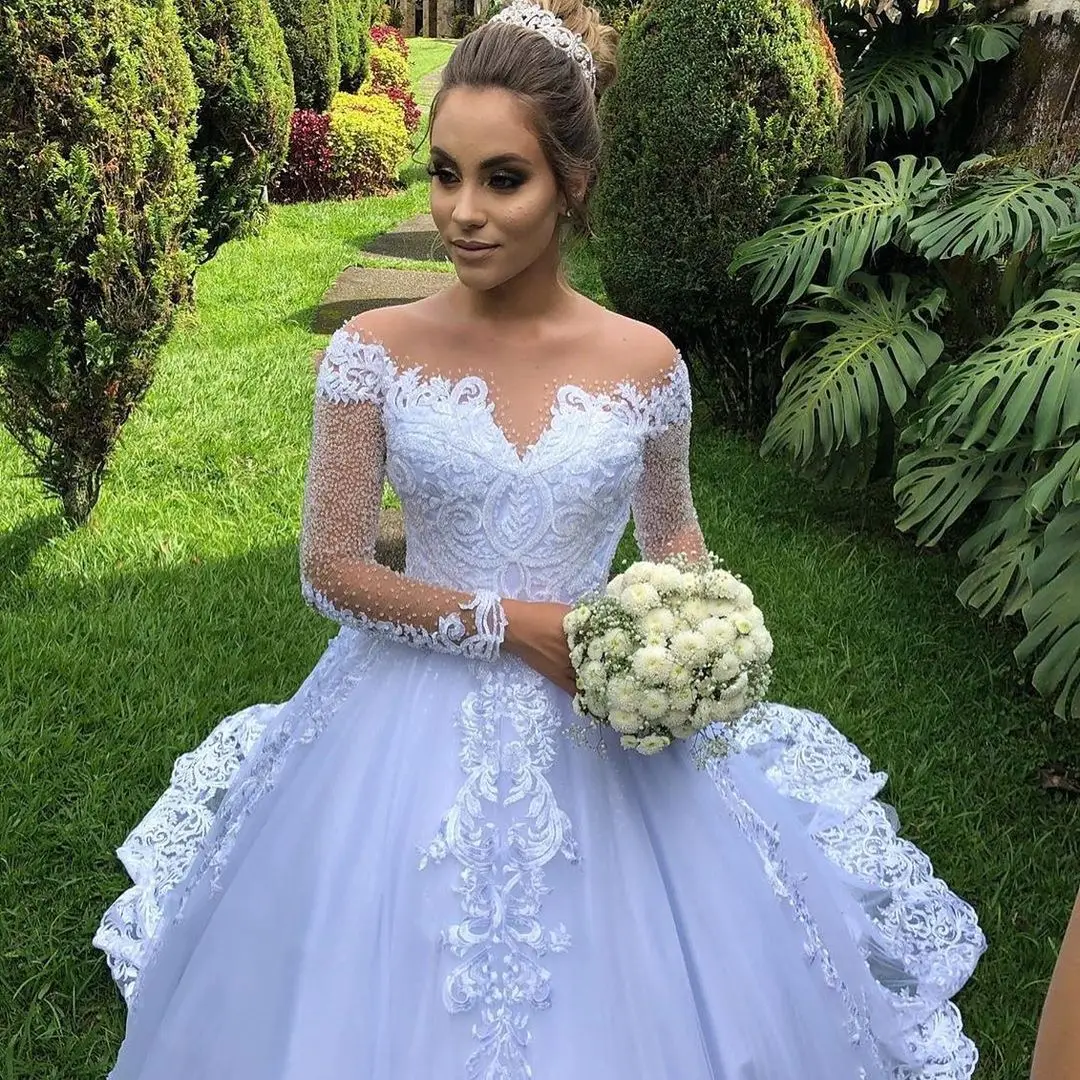 Luxuriöse Brautkleider mit Juwelen, langen Ärmeln, Spitzenapplikationen, Brautkleider, maßgeschneidertes Brautkleid mit Knopfleiste hinten und Schleppe in A-Linie