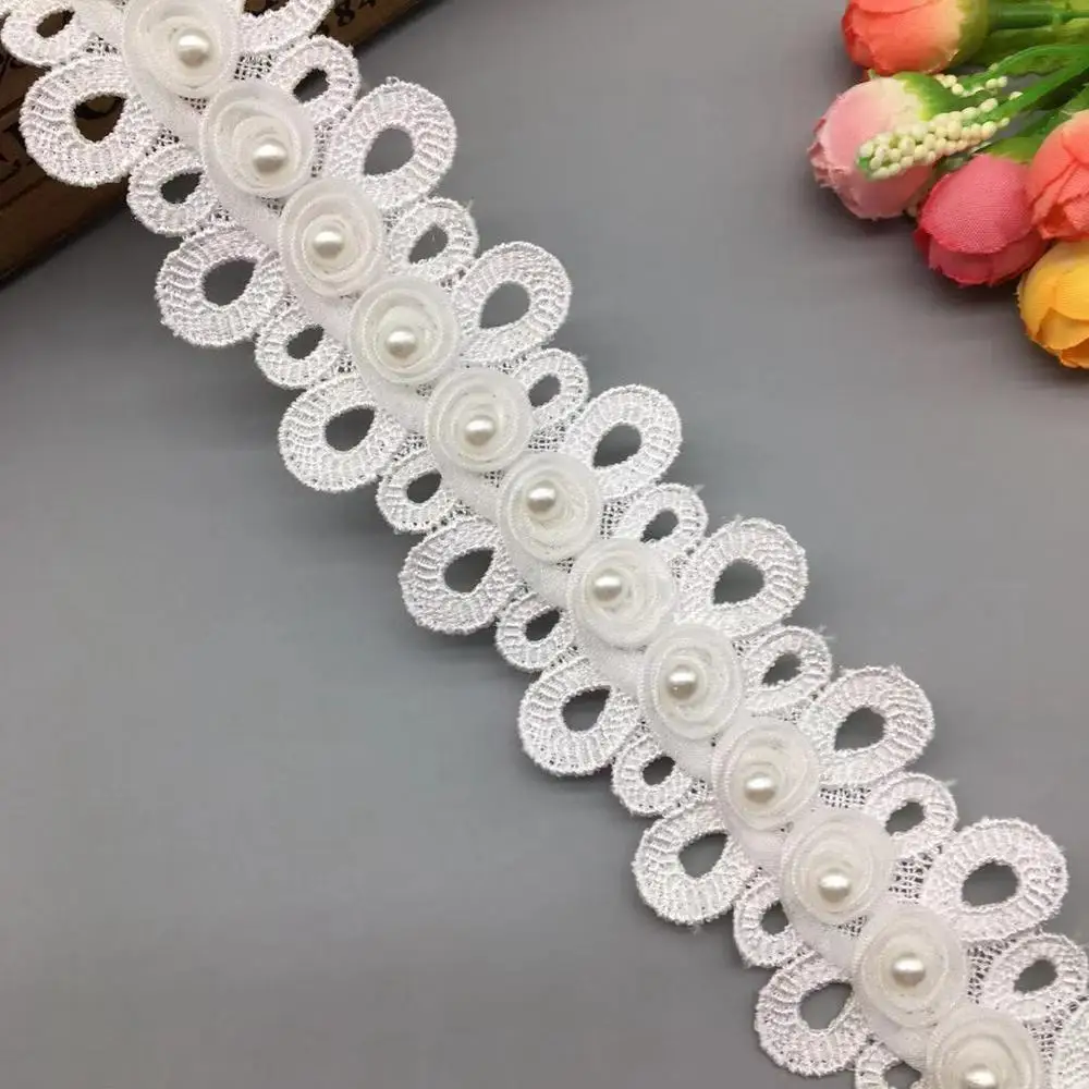 1 yard Pearl Beaded Embroidered 3D Flower Lace  Trim Floral Applique Fabric Vintage Wedding Dress Clothes Hat Sewing Craft