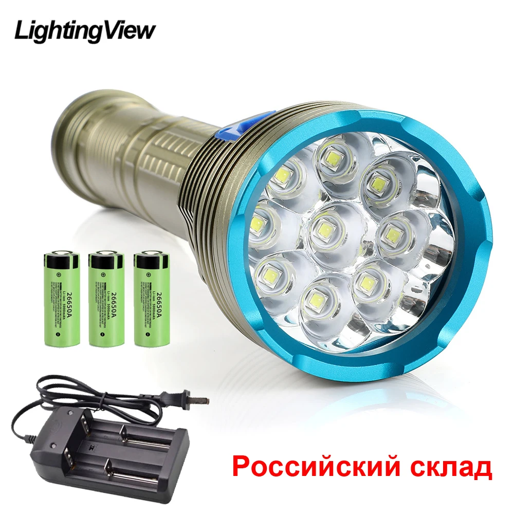 9pcs Led lights 7000LM Diving Lantern Underwater 100M Waterproof Diving Torch Submarine Light Lamp & 3x26650 Battery + Charger