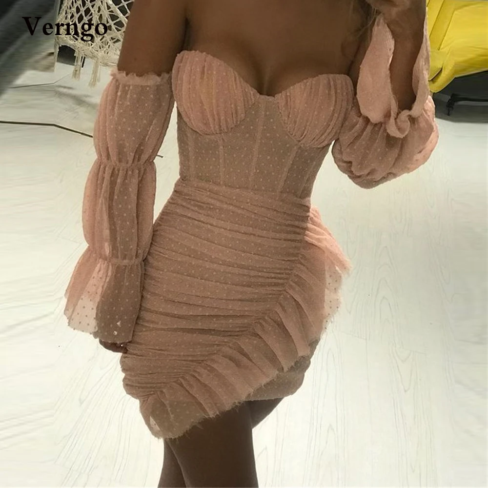 

Verngo Blush Pink Polka Dotted Tulle Cocktail Party Dresses Sweetheart Long Sleeves Pleats Mini Formal Gowns Short Prom Dress