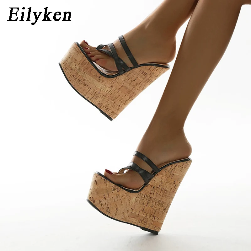 Eilyken Summer Outdoor Open Pinch Toe Platform Wedge Women Slippers Fashion Narrow Band High Heels Flip Flops Shoes