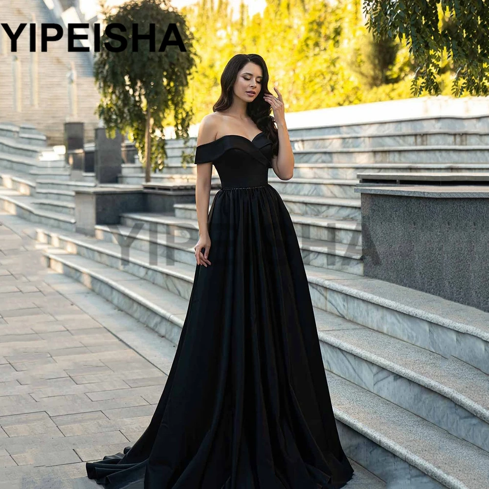 Sweetheart Off The Shoulder A-Line Evening Dresses Court Train Simple Beading Prom Party Gown vestidos  fiesta robes  soirée