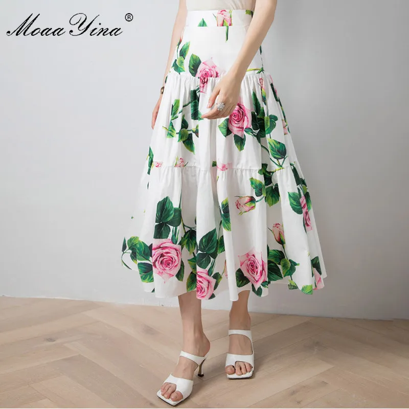 MoaaYina Summer Women Rose Floral-Print Elegant Cotton skirt