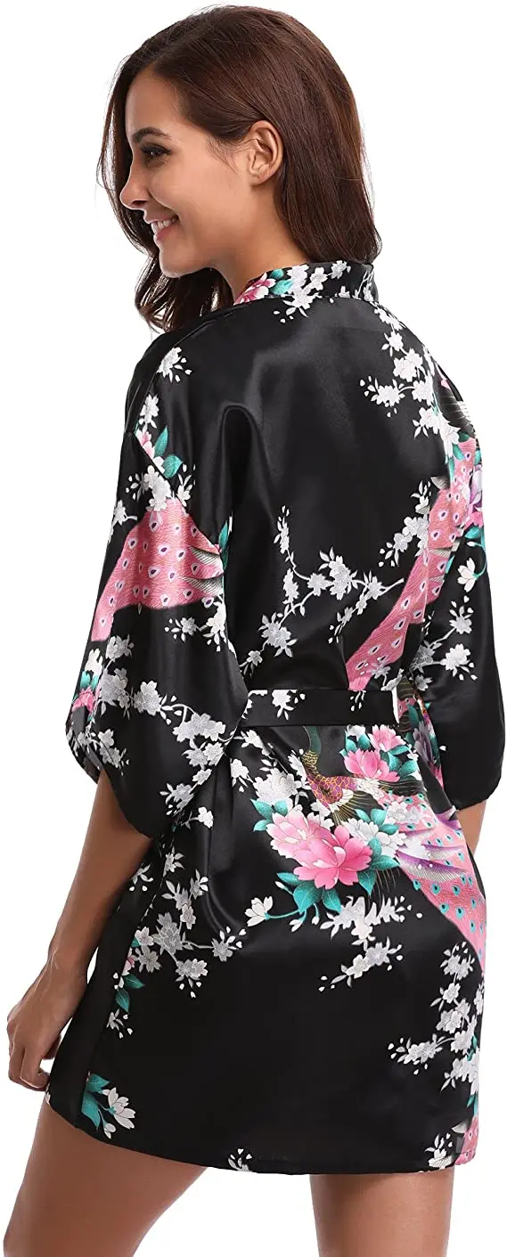 Bata de baño de seda satinada para boda, kimono corto de dama de honor de la novia, a la moda, estilo floral, para noche de mujer