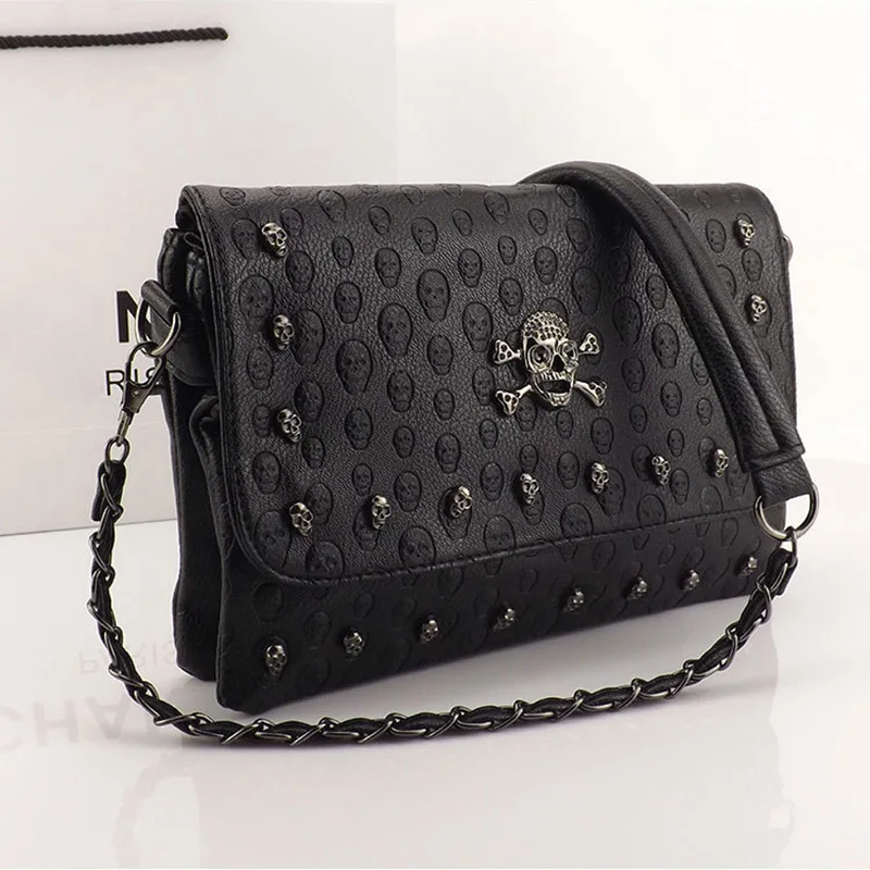 JIEROTYX New Arrival Women Handbag Rivet Gothic Skull Bags Chain Messenger Crossbody Shoulder Bag Female Black Leather Drop Ship