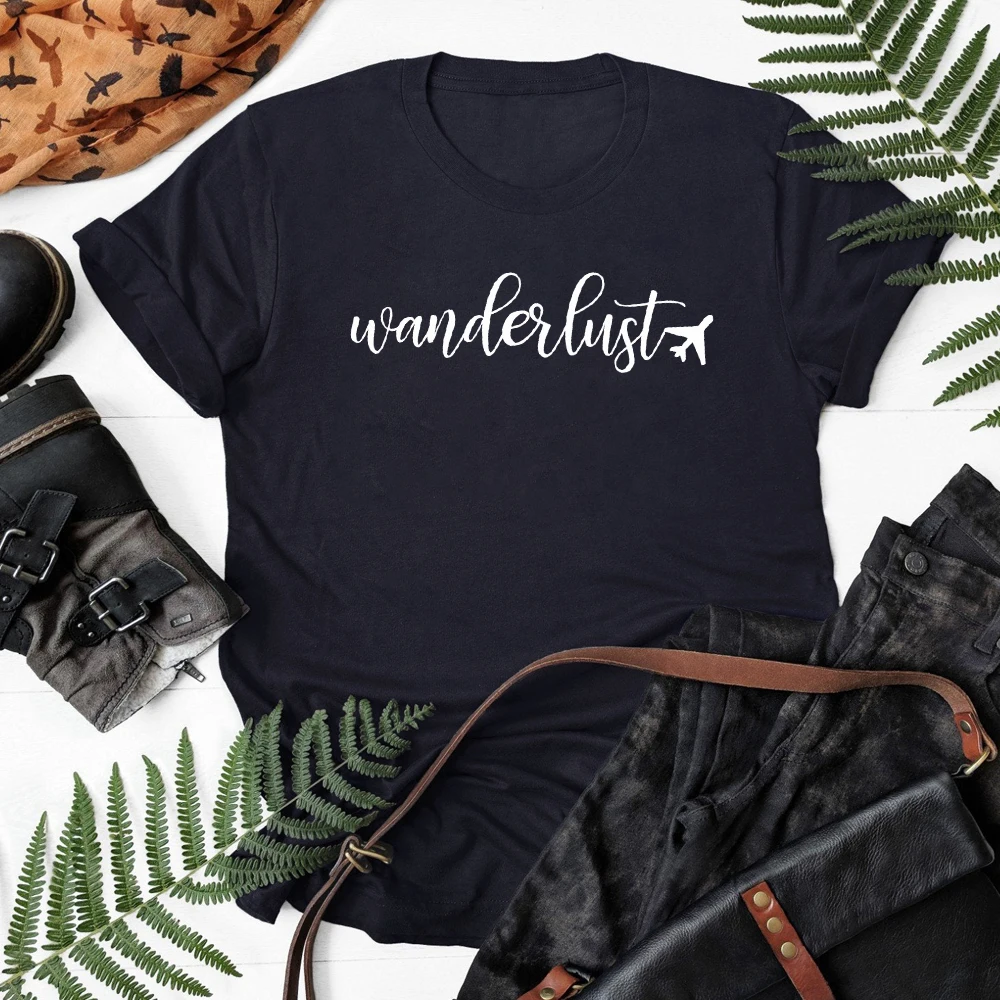 Wanderlust Airplane Print T-shirt Funny Women Graphic Adventure Tee Top Unisex Casual Short Sleeve Summer Vacation Travel Tshirt