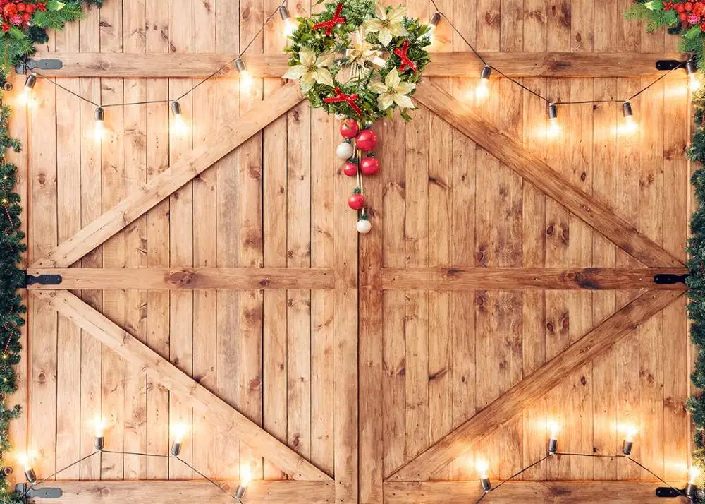 Capisco Christmas Decor on Rustic Barn Door wreath Backdrop Wooden Board Photography Vinyl Photo Background Studio Prop