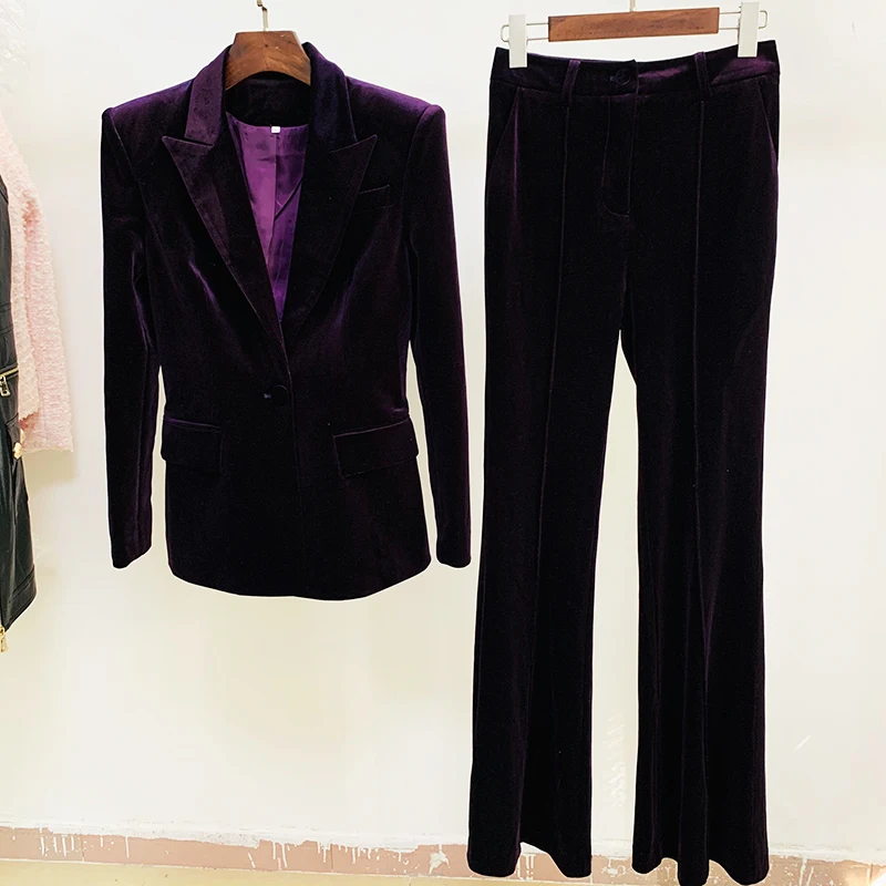 HIGH STREET 2024 Autumn Winter Designer Runway Suit Set Women's Single Button Velvet Blazer Jacket Flare Pants Suit