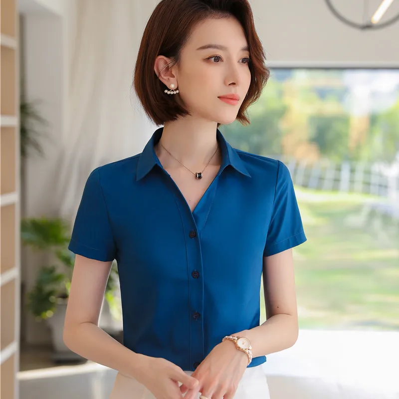 Professional Shirt Women Short Sleeve Summer V Neck Slim Temperament Business Formal Chiffon Blouses Office Ladies Work Tops