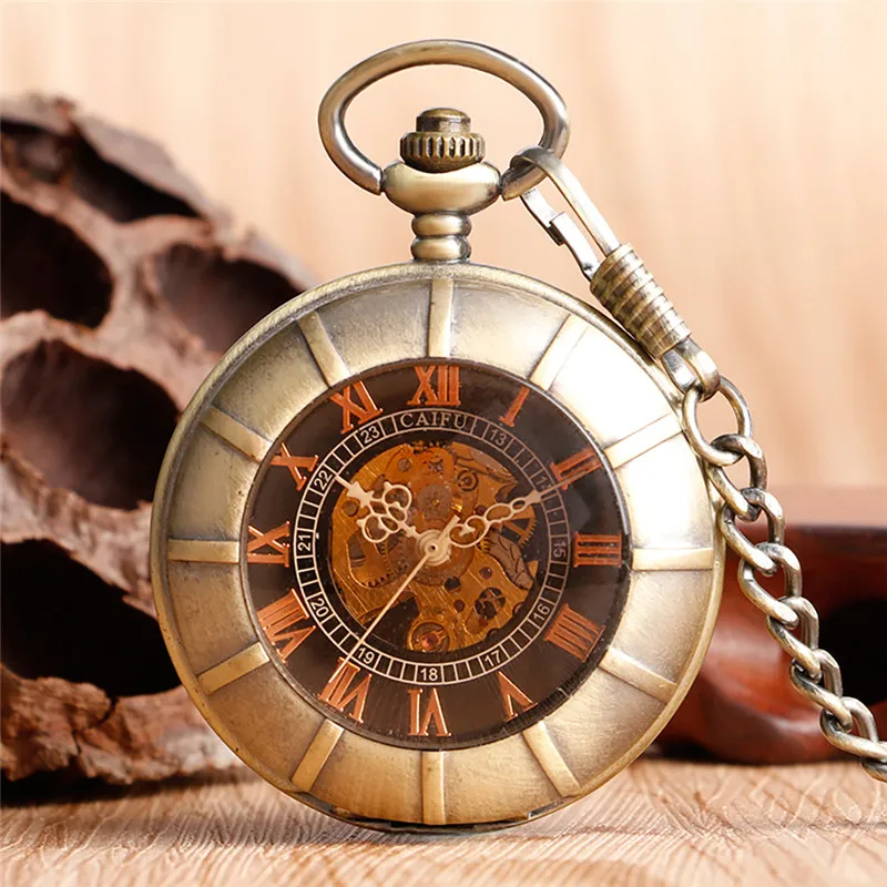 Steampunk Bronze Unisex Hand-winding Mechanical Pocket Watch Double Hunter Roman Number Clock FOB Pendant Chain Timepiece Gift