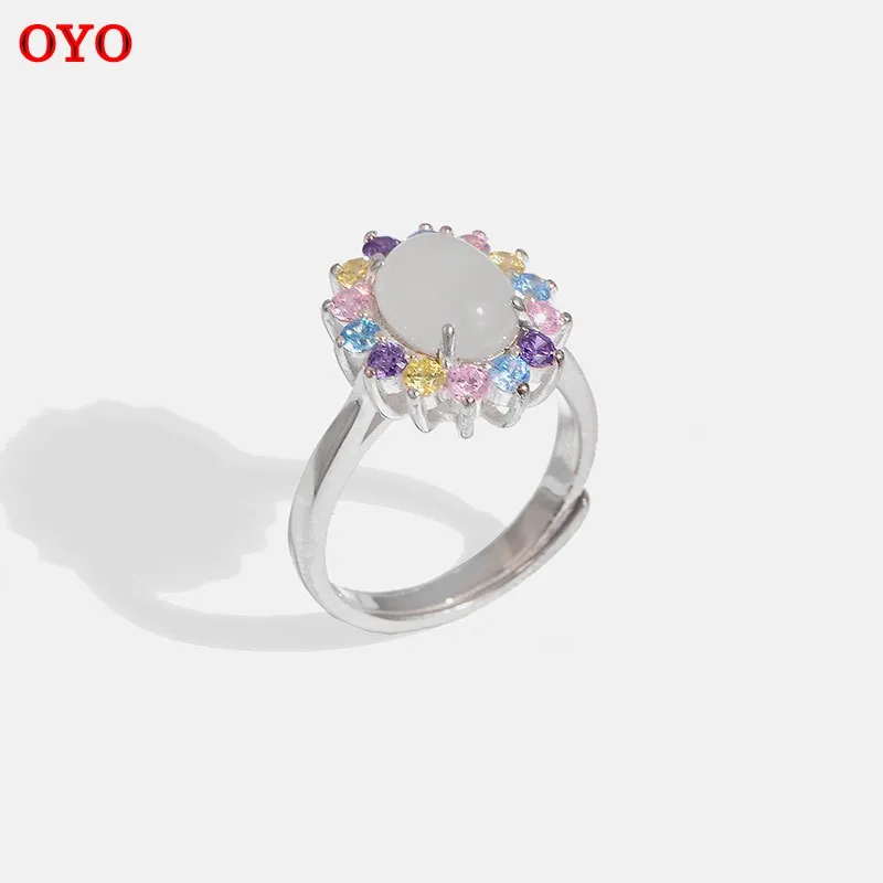 100% s925 silver colored zircon Hetian white jade ring female simple sunflower live index finger ring