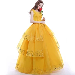 Moive Beauty And Beast Belle Cosplay Costume Adult Bella Princess Yellow Dress Women Girls Halloween Party Dresses Top Quality