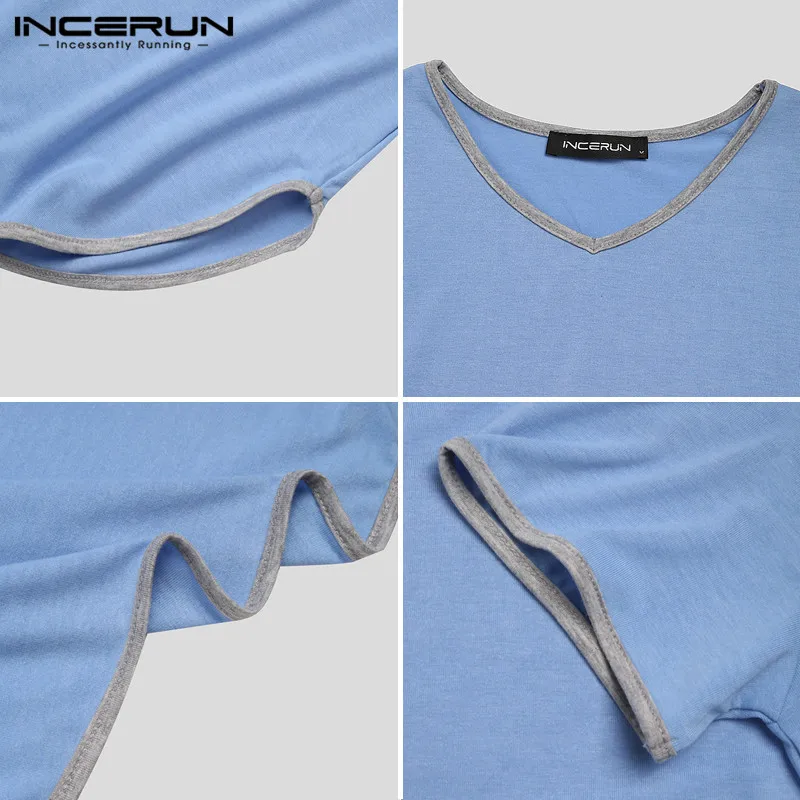 INCERUN Men Patchwork Sleep Robes Summer Short Sleeve V Neck Homewear Man Loose Comfy Bathrobes Casual Solid Nightgown Plus Size