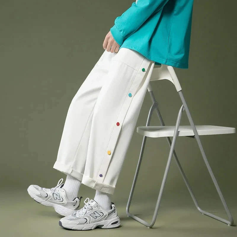 

Men White Pants Korean Wild Color Buttons Straight Casual Pantalons Capris Spring Summer Harajuku Loose Black Male Trousers