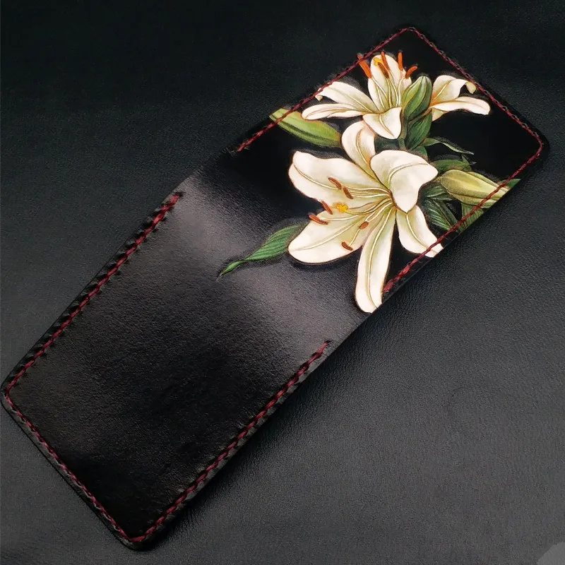 Handmade Women Genuine Leather Flower Lily Card Holder Passport Cover Organizer Storage Folder Wallets Custom Size