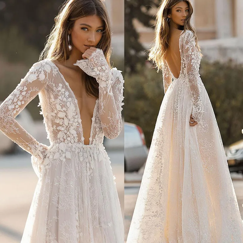 Elegant Long Sleeves Wedding Dresses Deep V Neck Backless Berta 3D Floral Lace Appliques Beach 2023 Bridal Gown Robe De Mariee