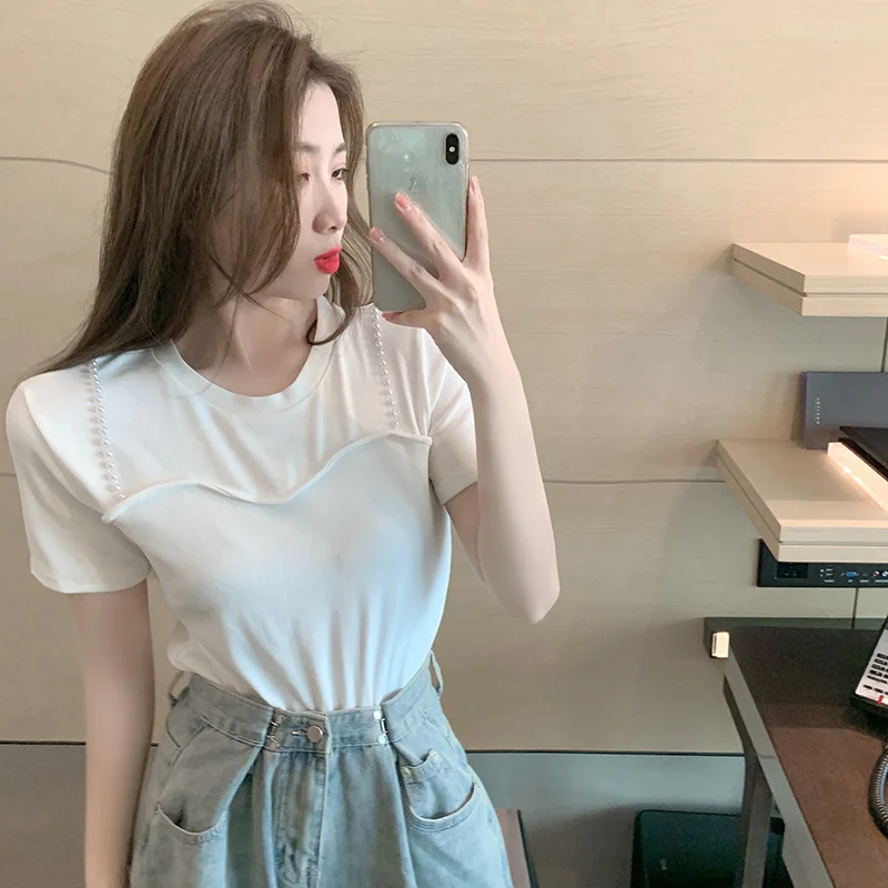 Style Korean Womens 2022 Summer New O-Neck Slim Office Lady Elegant Short Sleeve Pullover Spliced Fashion Casual T-Shirts