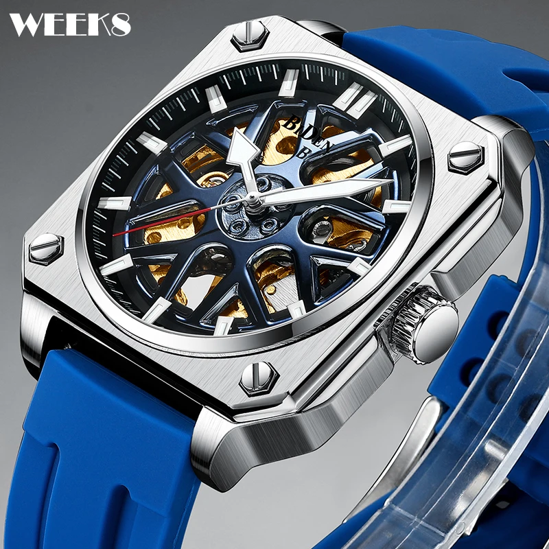 

Luxury Automatic Mechanical Watch Square Rectangular Dial Men Mens Skeleton Watches Male Tonneau Clock Hombre Relogio Masculino