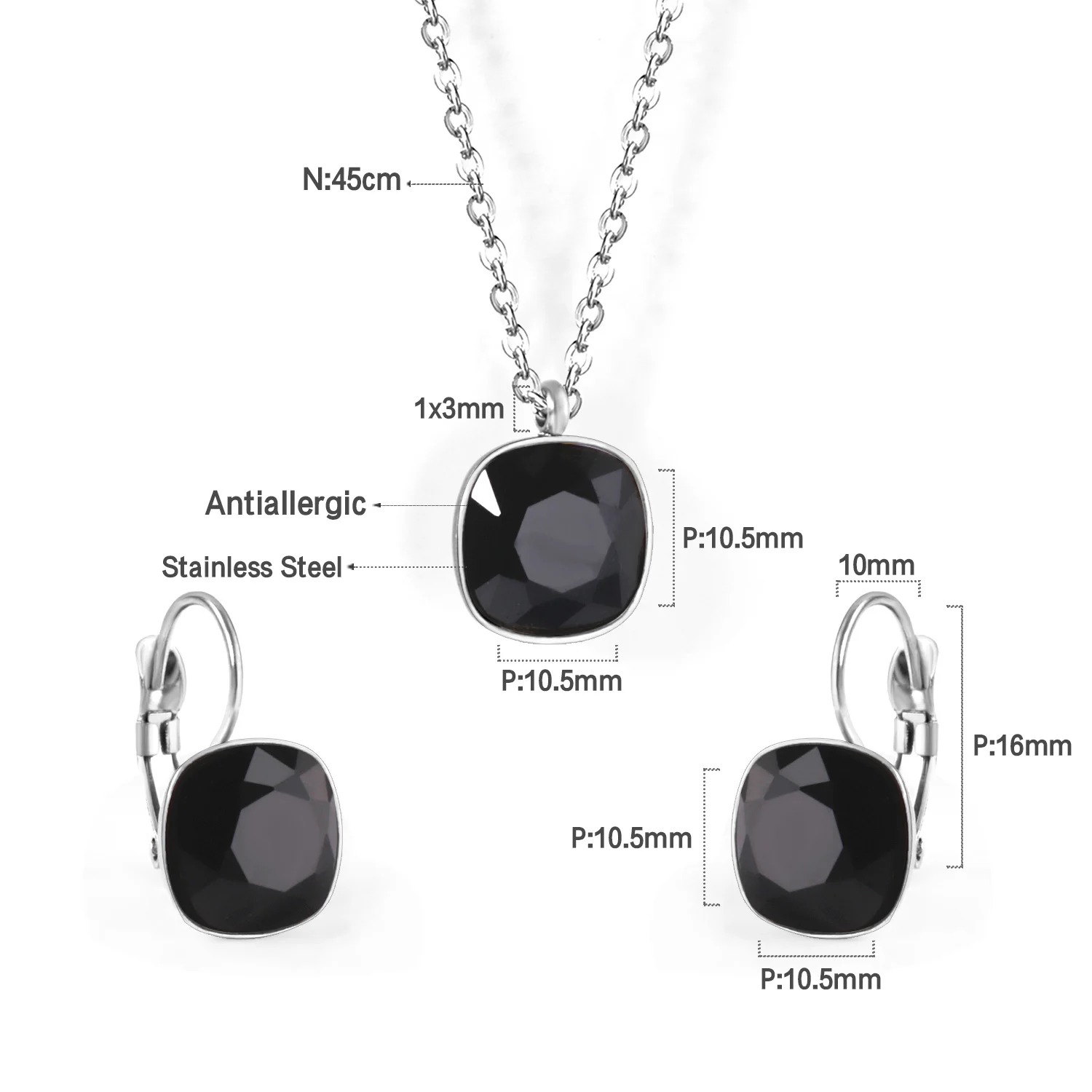 Square Multiple Color Crystal Pendant Necklace & Earrings Set