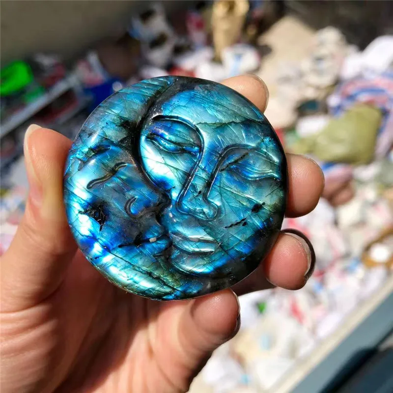 1PCS hand-carved natural blue flash Labrador Palm stone sun and moon day month