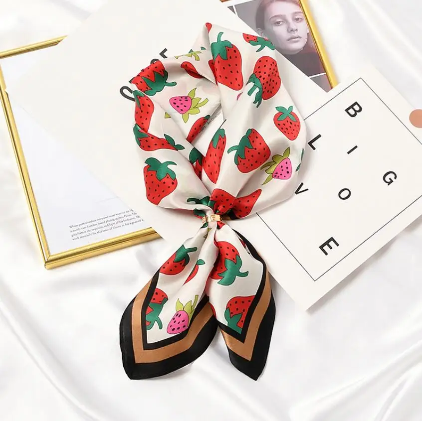 

Cute Strawberry Printed Lovely Girls Kawaii Multifunction Silk Headband Hair Scarf Fashion Women's Neckerchief Bandana 53*53cm