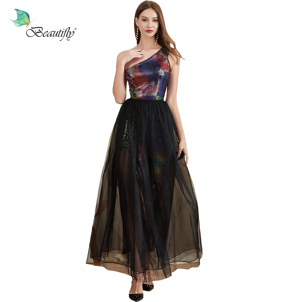 Fashion New Maxi Elegant Tulle Colored sequins&Black Prom Party One-Shoulder Long-Length Evening Women's Two-piece Dresses