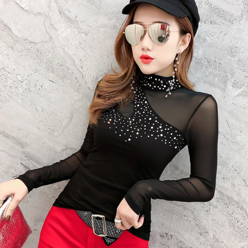 Fashion Patchwork Sexy Transparent Mesh Shiny Diamonds Tshirt Turtleneck 2020 New Spring Autumn Long Sleeve Top Camiseta Mujer